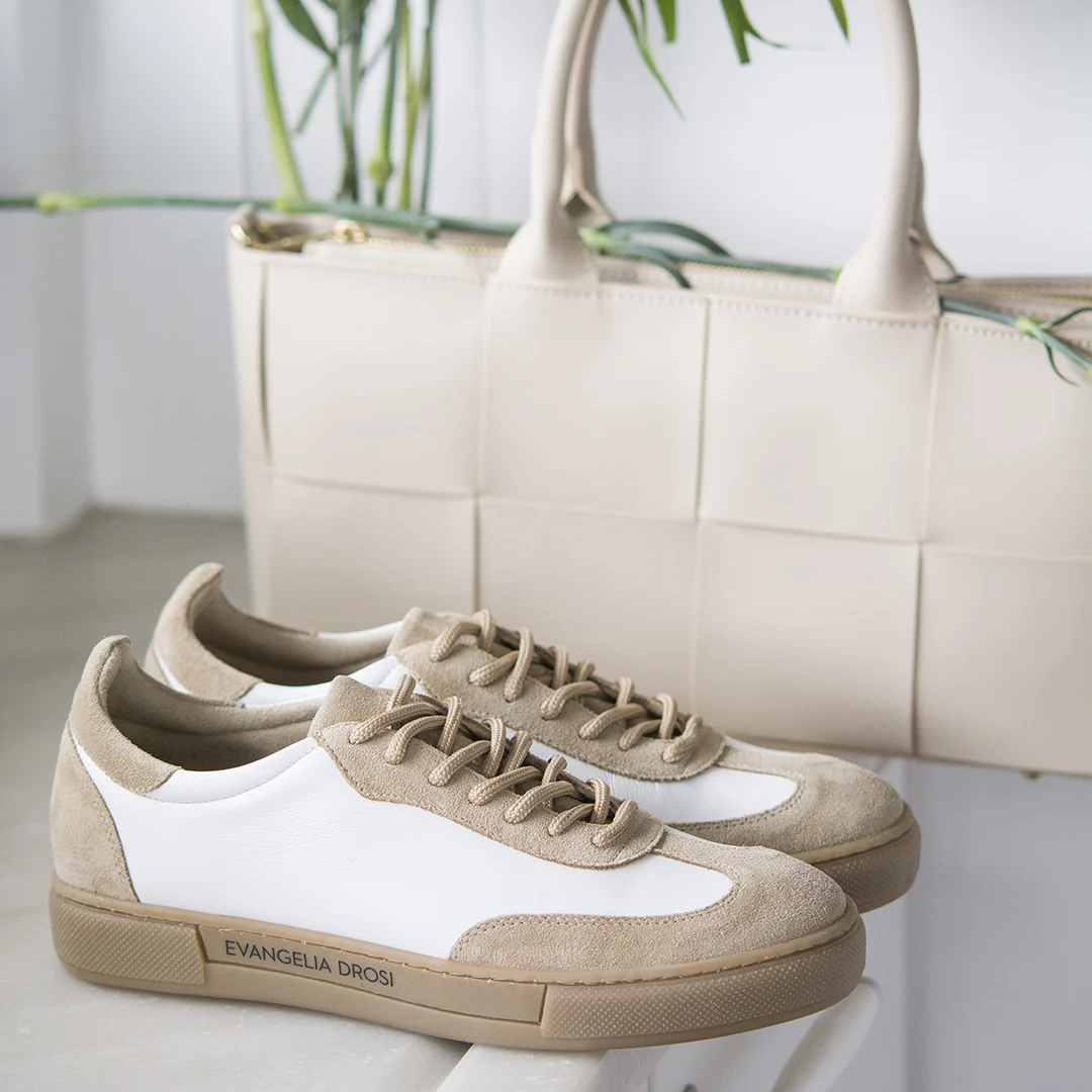 Γυναικεία Δερμάτινα Sneakers Λευκό & Πούρο