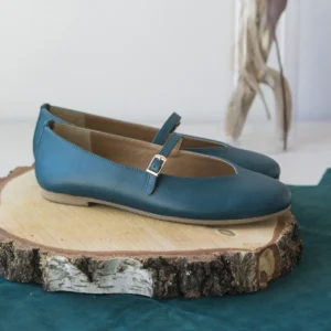 Γυναικείες Δερμάτινες Μπαλαρίνες Πετρόλ με Μπαρέτα