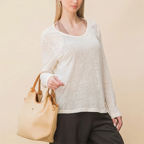 Γυναικεία Τσάντα Ώμου Ψάθινη με Δερμάτινες Λεπτομέρειες