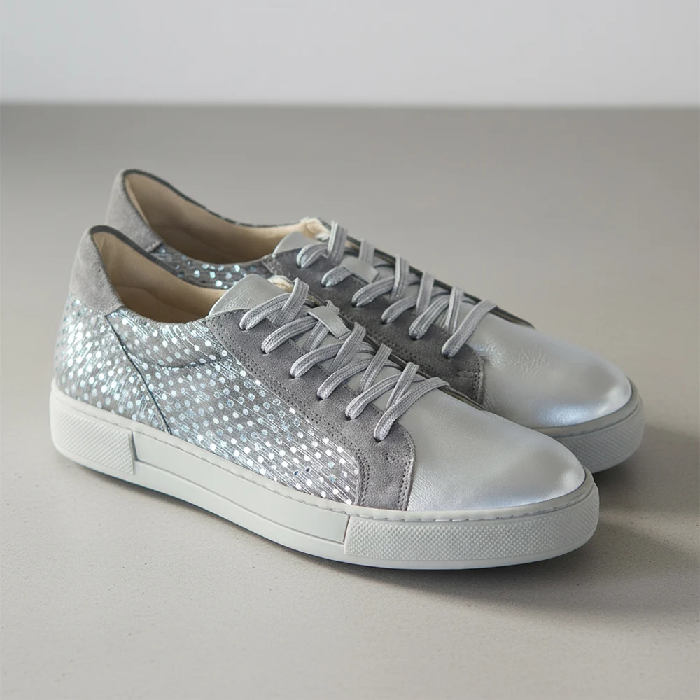 Γυναικεία Δερμάτινα Sneakers Ασημί Πουά