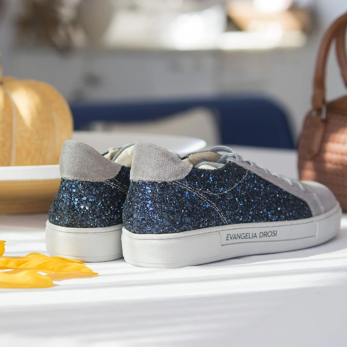 Γυναικεία Δερμάτινα Sneakers Μπλε Glitter