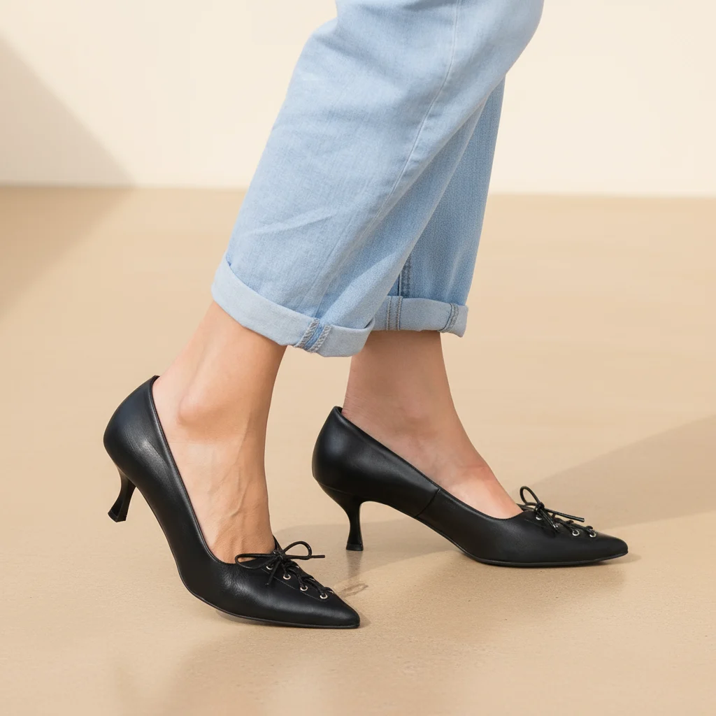 Γυναικείες Δερμάτινες Μαύρες Γόβες με Χαμηλό Τακούνι