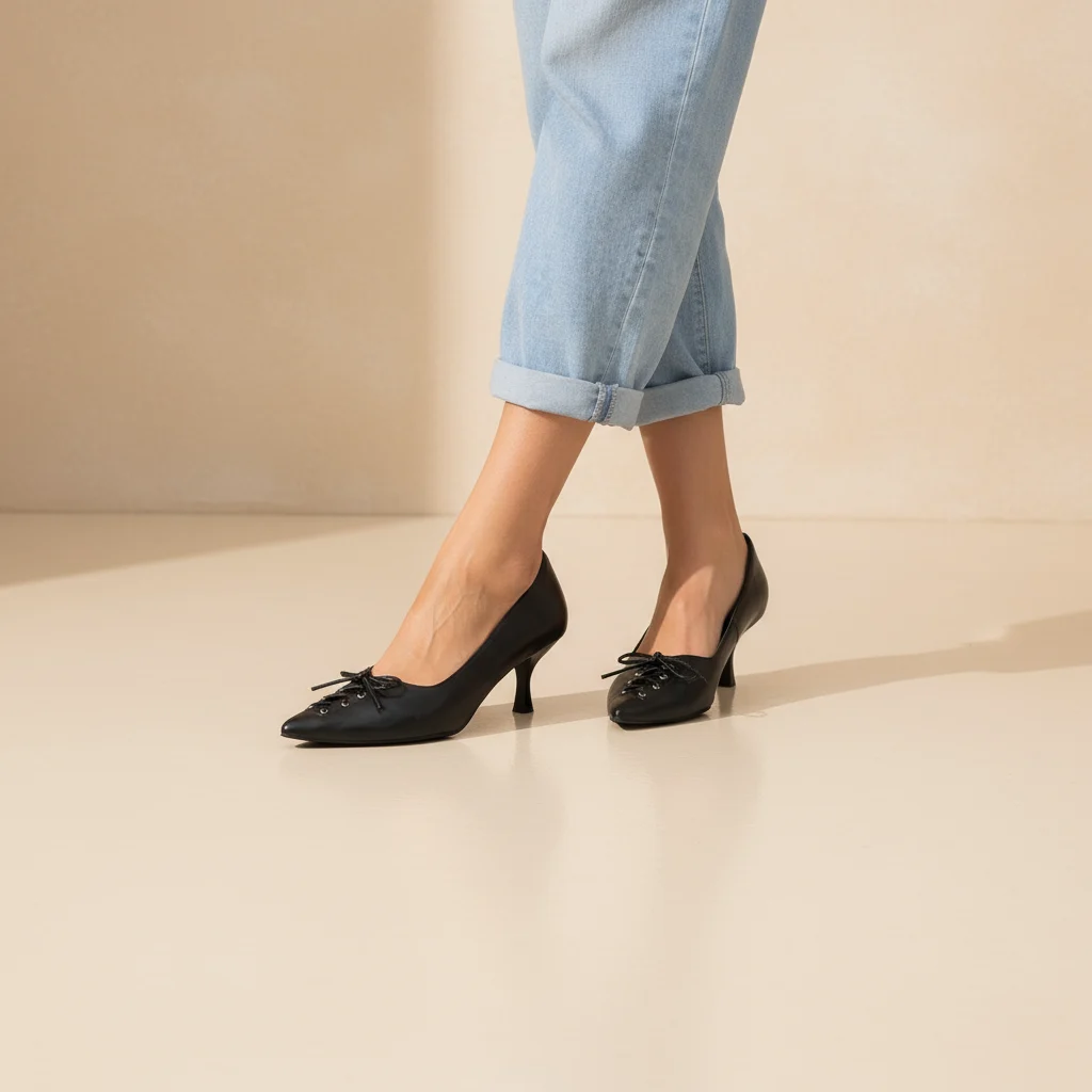 Γυναικείες Δερμάτινες Μαύρες Γόβες με Χαμηλό Τακούνι