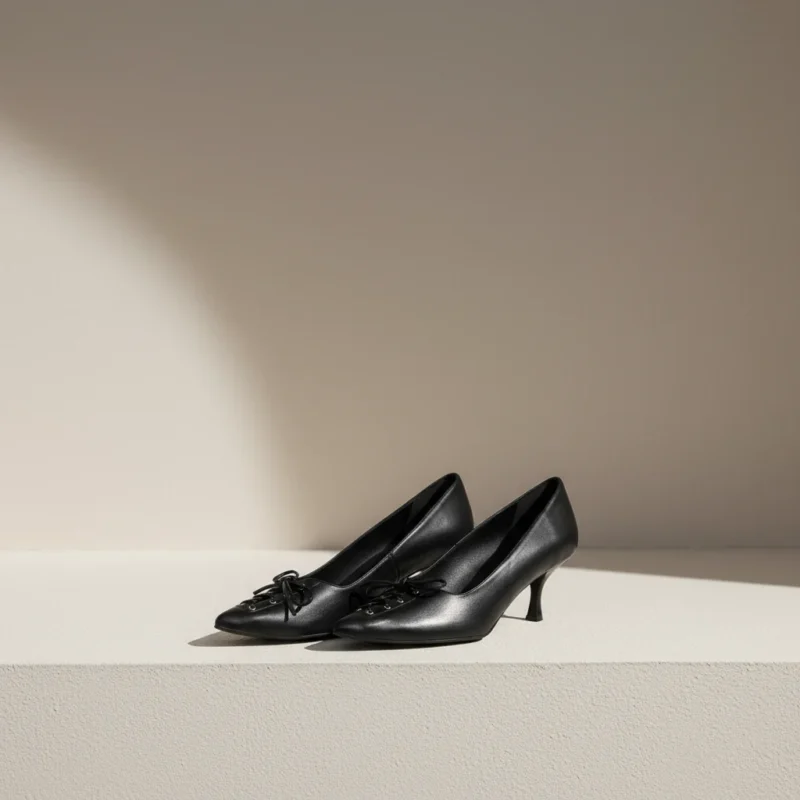 Γυναικείες Δερμάτινες Μαύρες Γόβες με Χαμηλό Τακούνι