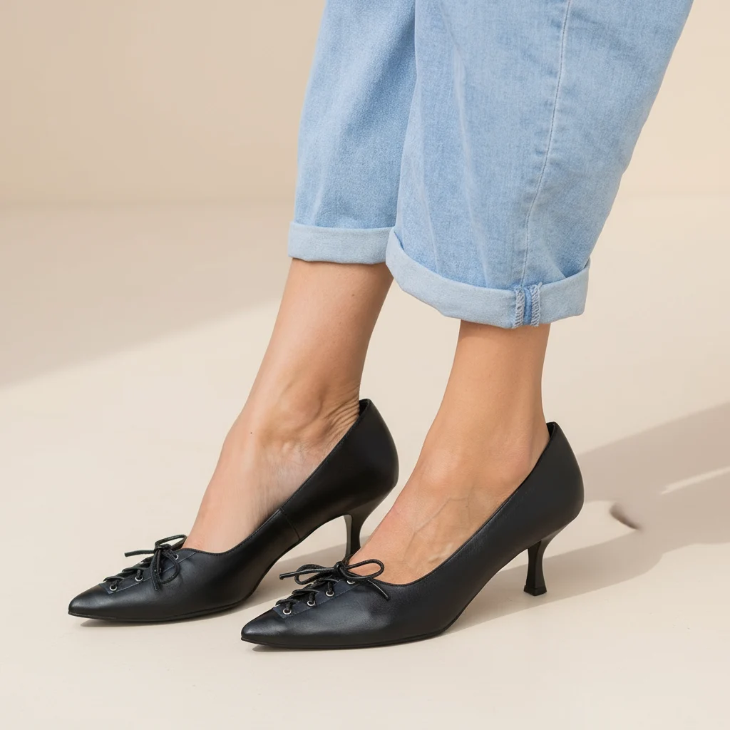 Γυναικείες Δερμάτινες Μαύρες Γόβες με Χαμηλό Τακούνι