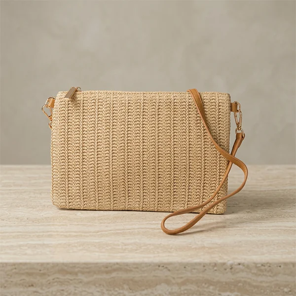 Γυναικείο Τσαντάκι Ψάθινο με Δερμάτινες Λεπτομέρειες