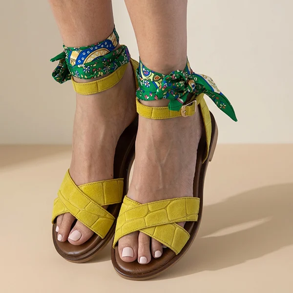 Γυναικεία Δερμάτινα Σανδάλια Yellow Croco