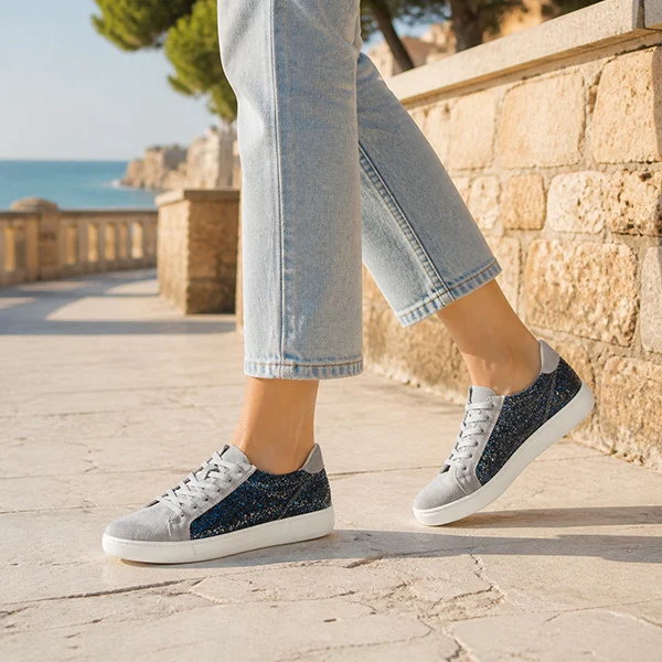 Γυναικεία Δερμάτινα Sneakers Μπλε Glitter