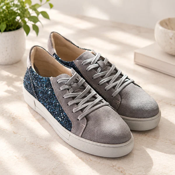 Γυναικεία Δερμάτινα Sneakers Μπλε Glitter