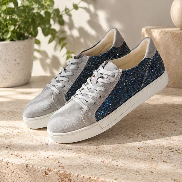 Γυναικεία Δερμάτινα Sneakers Μπλε Glitter