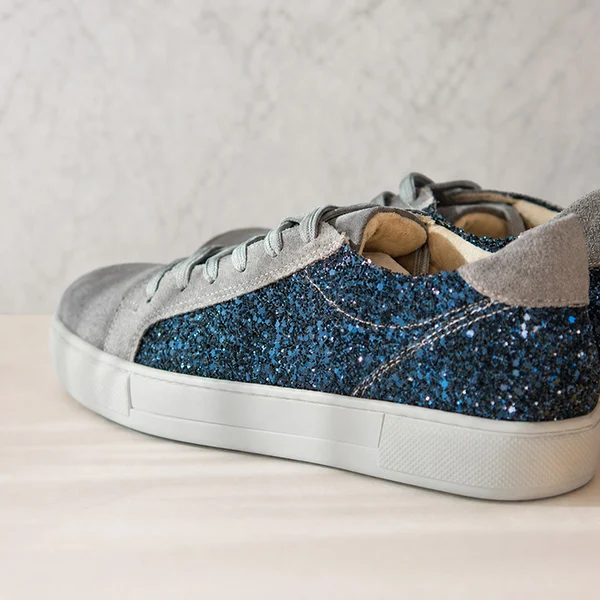 Γυναικεία Δερμάτινα Sneakers Μπλε Glitter