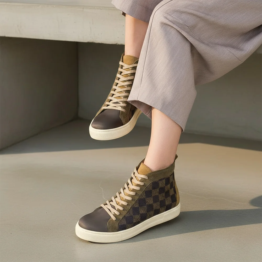 Γυναικεία Δερμάτινα Sneakers Boots Σκάκι