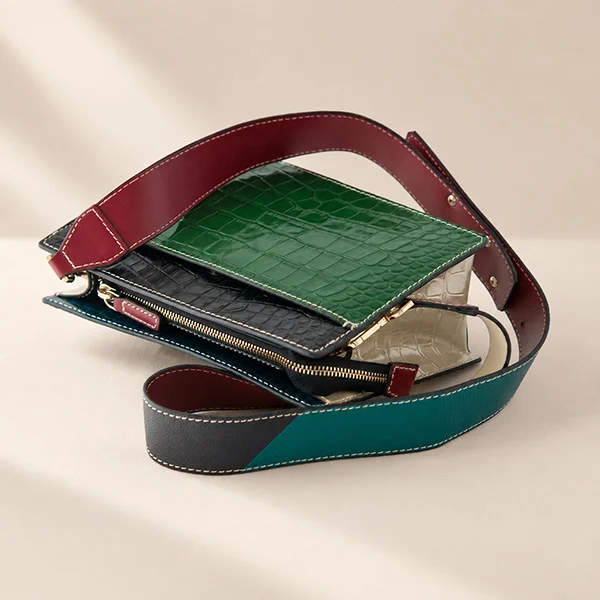 Γυναικεία Δερμάτινη Τσάντα Croco Green-Red