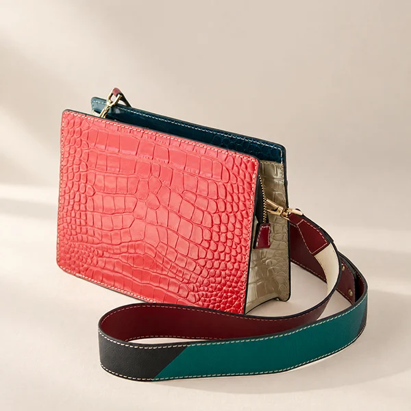Γυναικεία Δερμάτινη Τσάντα Croco Green-Red